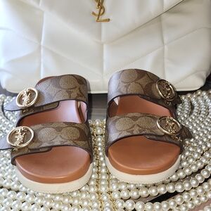 Coach Sandals Size 6 Brown Monogram Gold Buckles